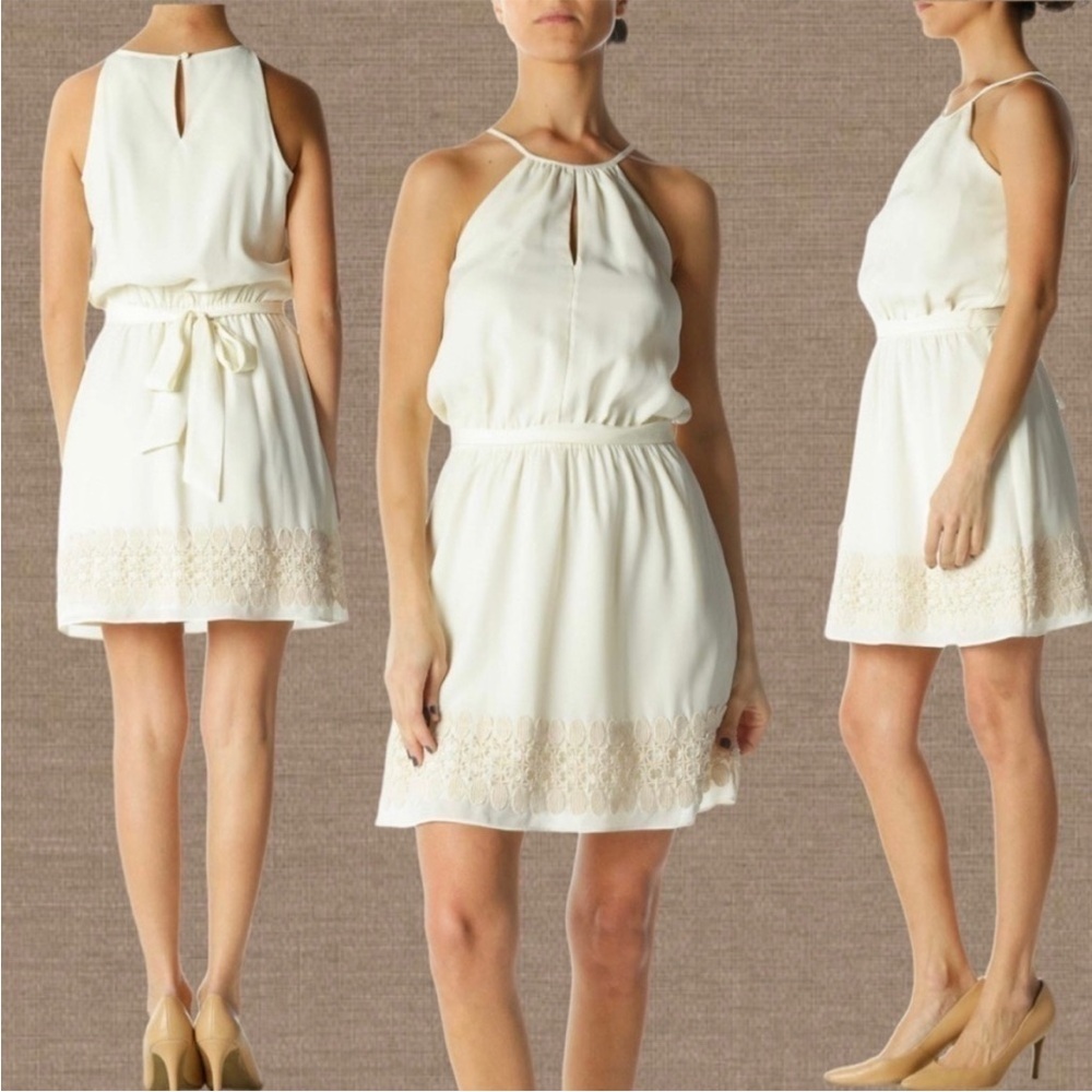 Express Sleeveless Halter Mini Dress Crochet Lace Hem w/ Belt Cream Ivory Small